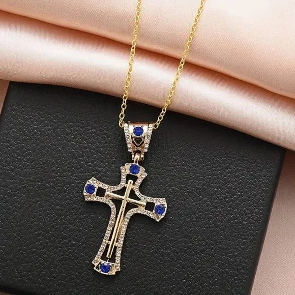 Cross Hip Hop Pendant Blue Stones with Necklace fine Jewelry Men Women - Picture 1 of 5